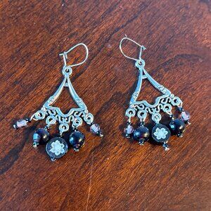 Handmade Chandelier Earrings - Black & Purple Flower